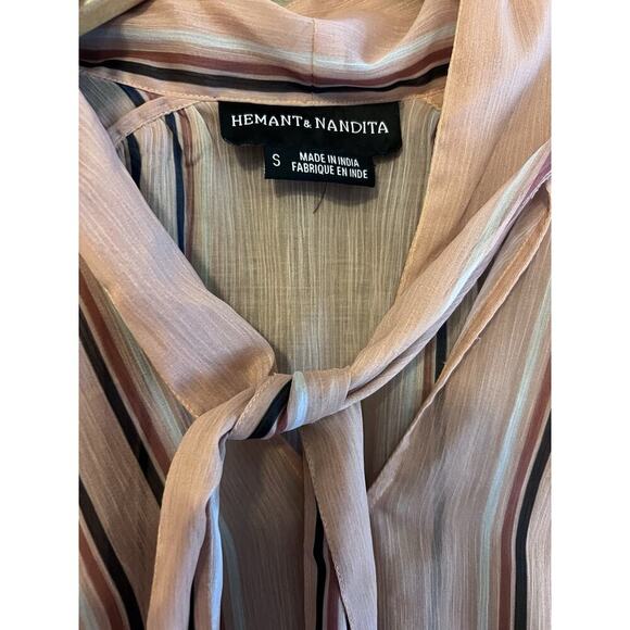 Anthropologie Hemant Nandita Sz Small Silk Blouse Top Tie Preppy Stripped Paris - Picture 2 of 13